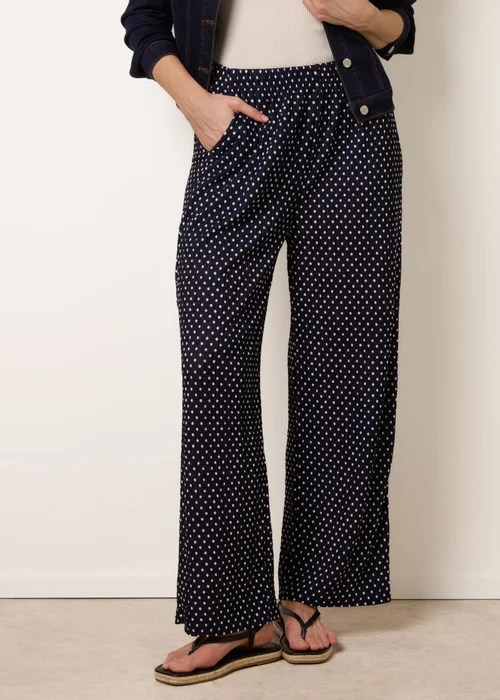 Blue Vanilla Navy Spot Print Crinkle Wide Leg Trousers - M Image 2