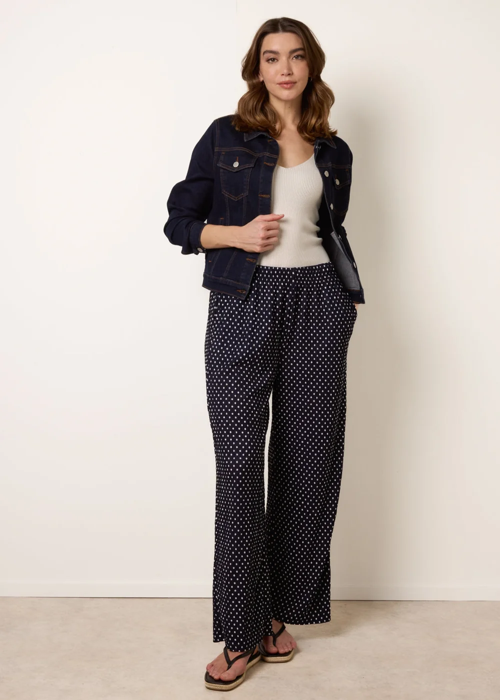 Blue Vanilla Navy Spot Print Crinkle Wide Leg Trousers - M Image 1