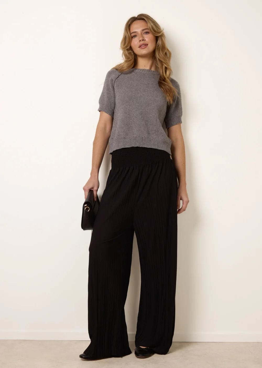 Blue Vanilla Black Shirred Waist Pleated Wide Leg Trousers - One Size Image 1