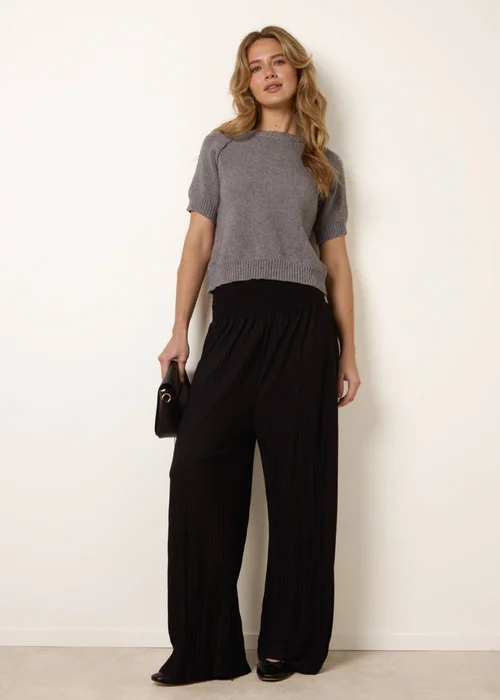 Blue Vanilla Black Shirred Waist Pleated Wide Leg Trousers - One Size Image 1