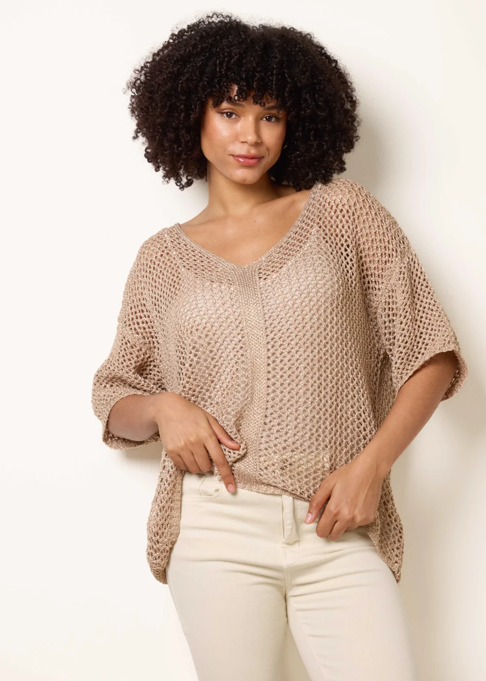Blue Vanilla Gold Mesh Knitted Top With Short Sleeves - One Size Image 3