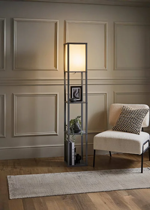 ValueLights Struttura Grey Wooden Shelves Floor Lamp - One Size Image 1