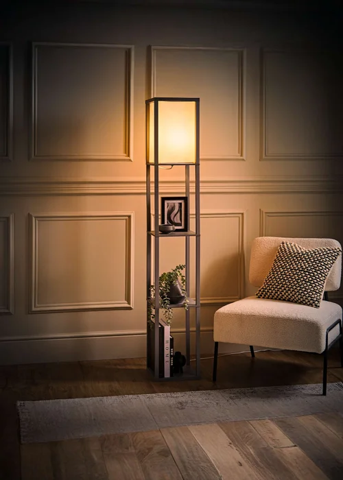 ValueLights Struttura Grey Wooden Shelves Floor Lamp - One Size Image 2