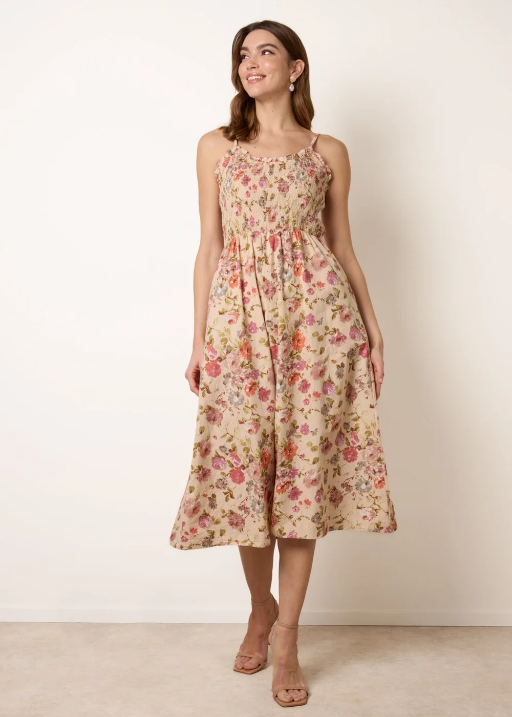 Blue Vanilla Multi Floral Shirred Strappy Midi Dress - M Image 1