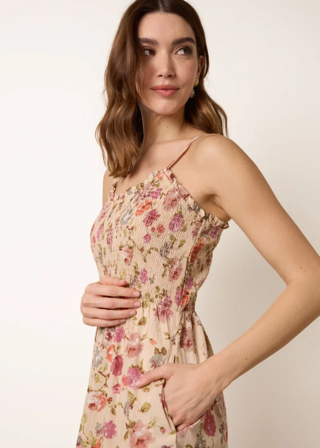 Blue Vanilla Multi Floral Shirred Strappy Midi Dress