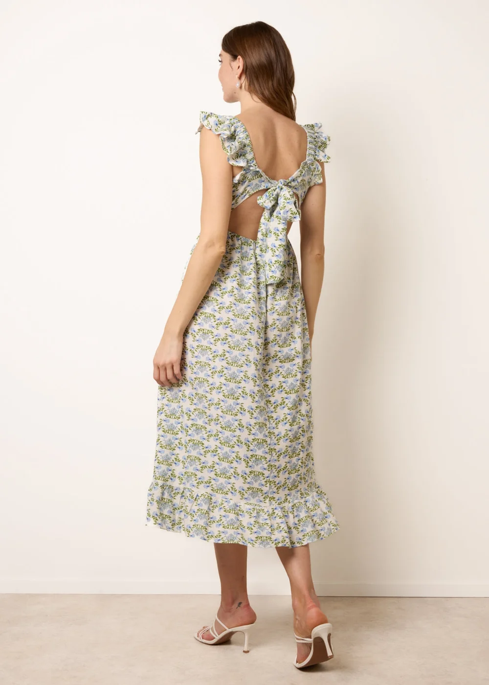 Blue Vanilla Blue Floral & Frill Shirred Bodice Midi Dress - M Image 4