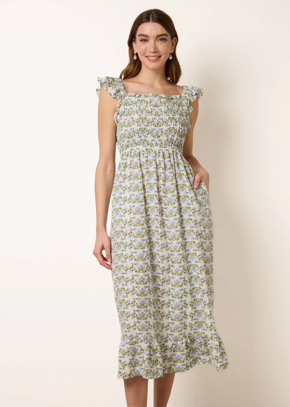 Blue Vanilla Blue Floral & Frill Shirred Bodice Midi Dress - M Image 3