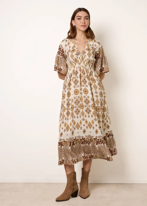 Blue Vanilla Brown V Neck Border Print Dress - L Image 1