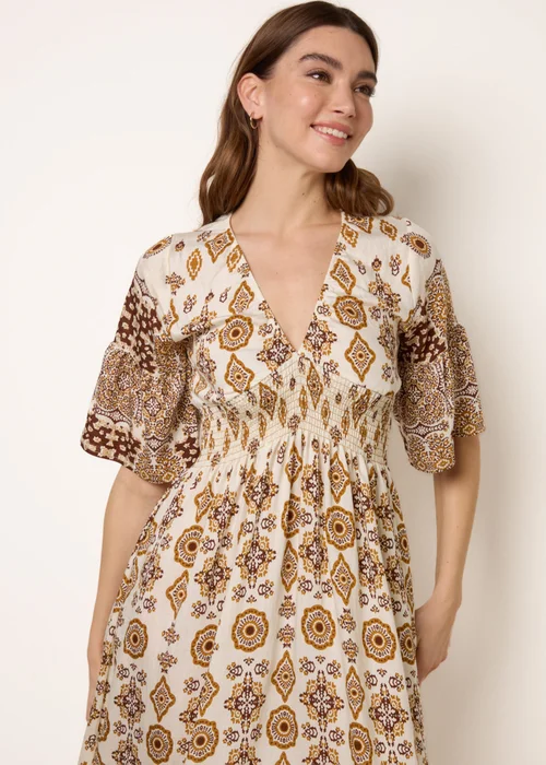 Blue Vanilla Brown V Neck Border Print Dress - L Image 2
