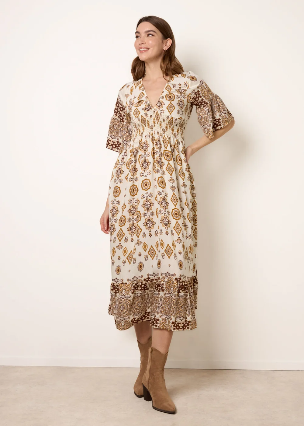 Blue Vanilla Brown V Neck Border Print Dress - L Image 3