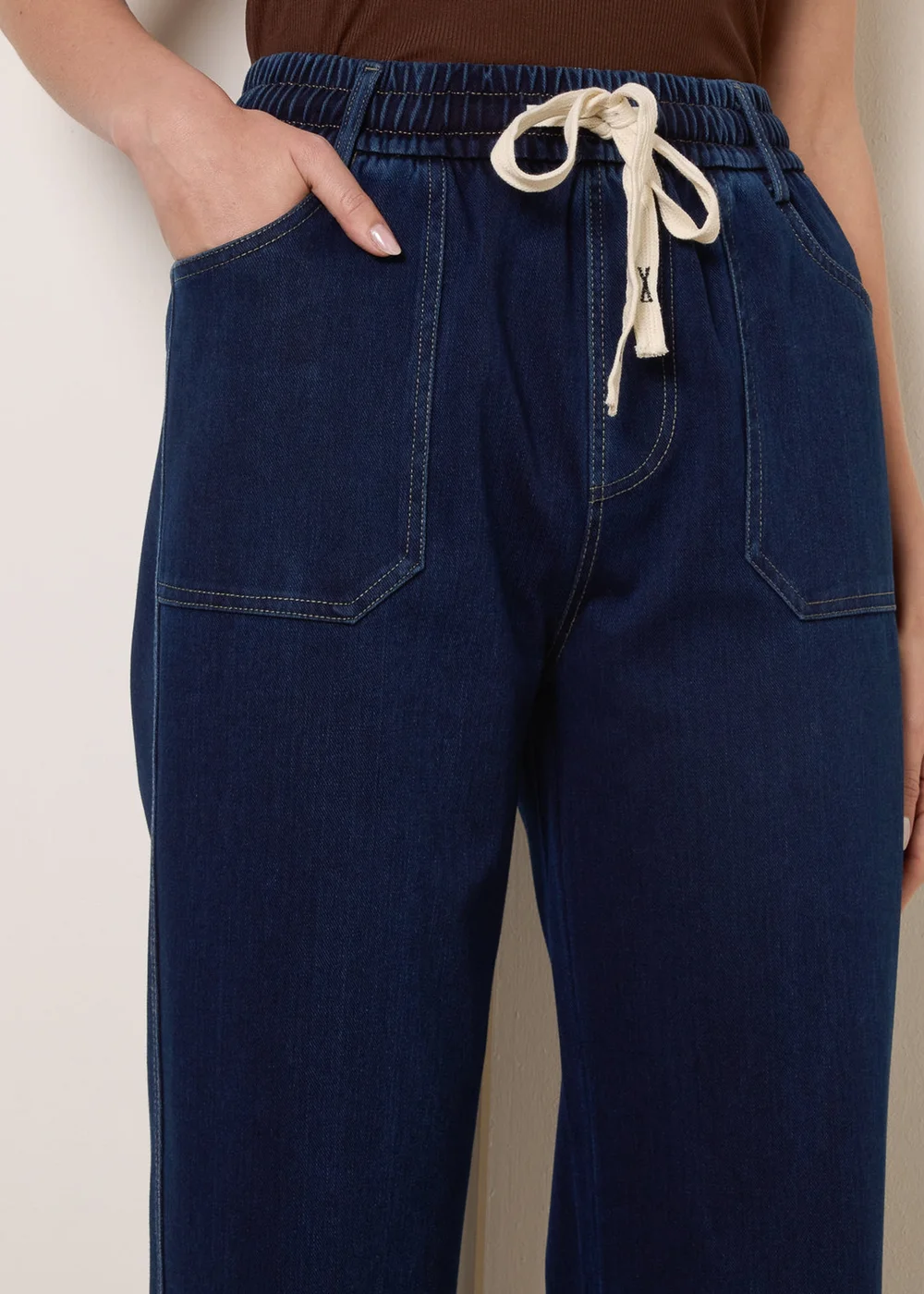 Blue Vanilla Navy Contrast Drawstring Waist Wide Leg Trousers - S Image 4
