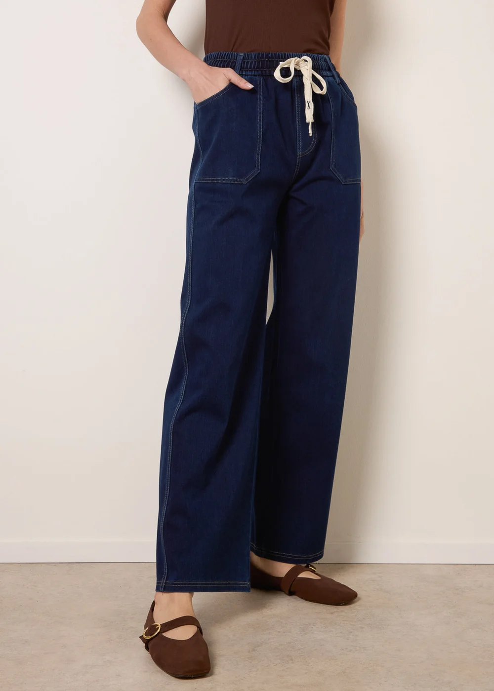 Blue Vanilla Navy Contrast Drawstring Waist Wide Leg Trousers - S Image 2