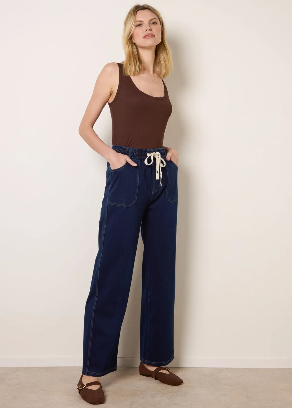 Blue Vanilla Navy Contrast Drawstring Waist Wide Leg Trousers - S Image 3