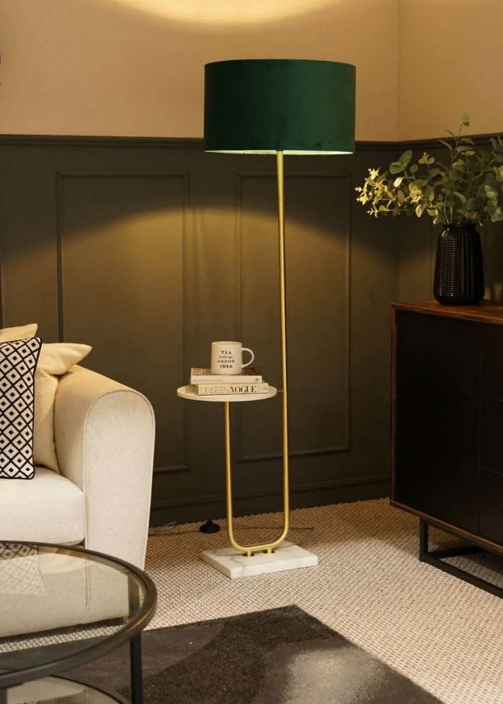 ValueLights Tavel Brushed Gold Floor Lamp with Green Velvet Shade - One Size Image 1