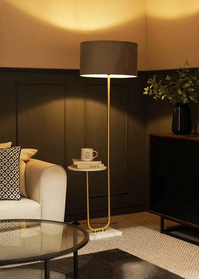 ValueLights Tavel Brushed Gold Floor Lamp with Grey Velvet Shade