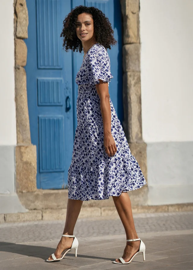 Yumi Blue Floral Ruched Waist Midi Dress With Angel Sleeves