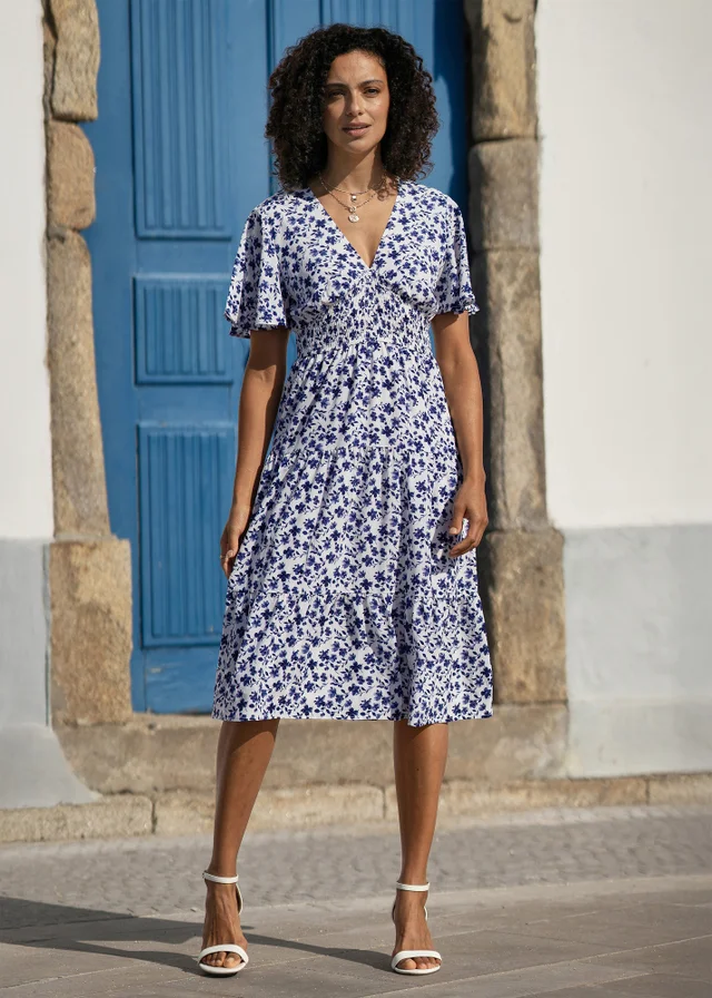 Yumi Blue Floral Ruched Waist Midi Dress With Angel Sleeves
