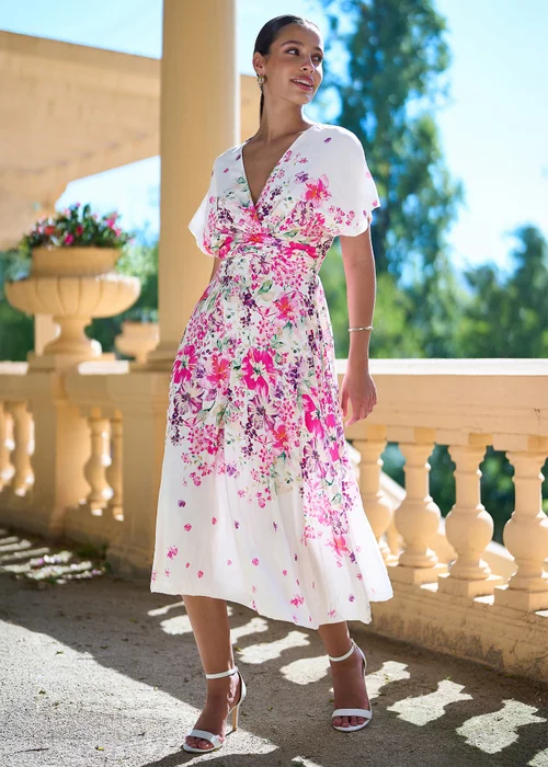 Yumi Pink Mirror Floral Print Ruched Waist Kimono Midi Dress - 8 Image 1