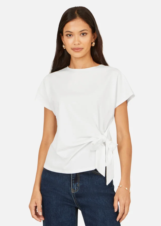 Yumi White Cotton Jersey Top With Knot Detail