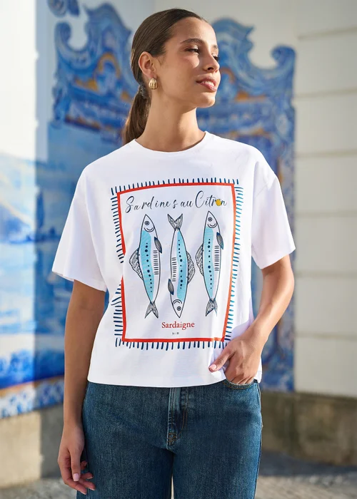 Yumi White Cotton Summer Motif T-Shirt - M Image 2
