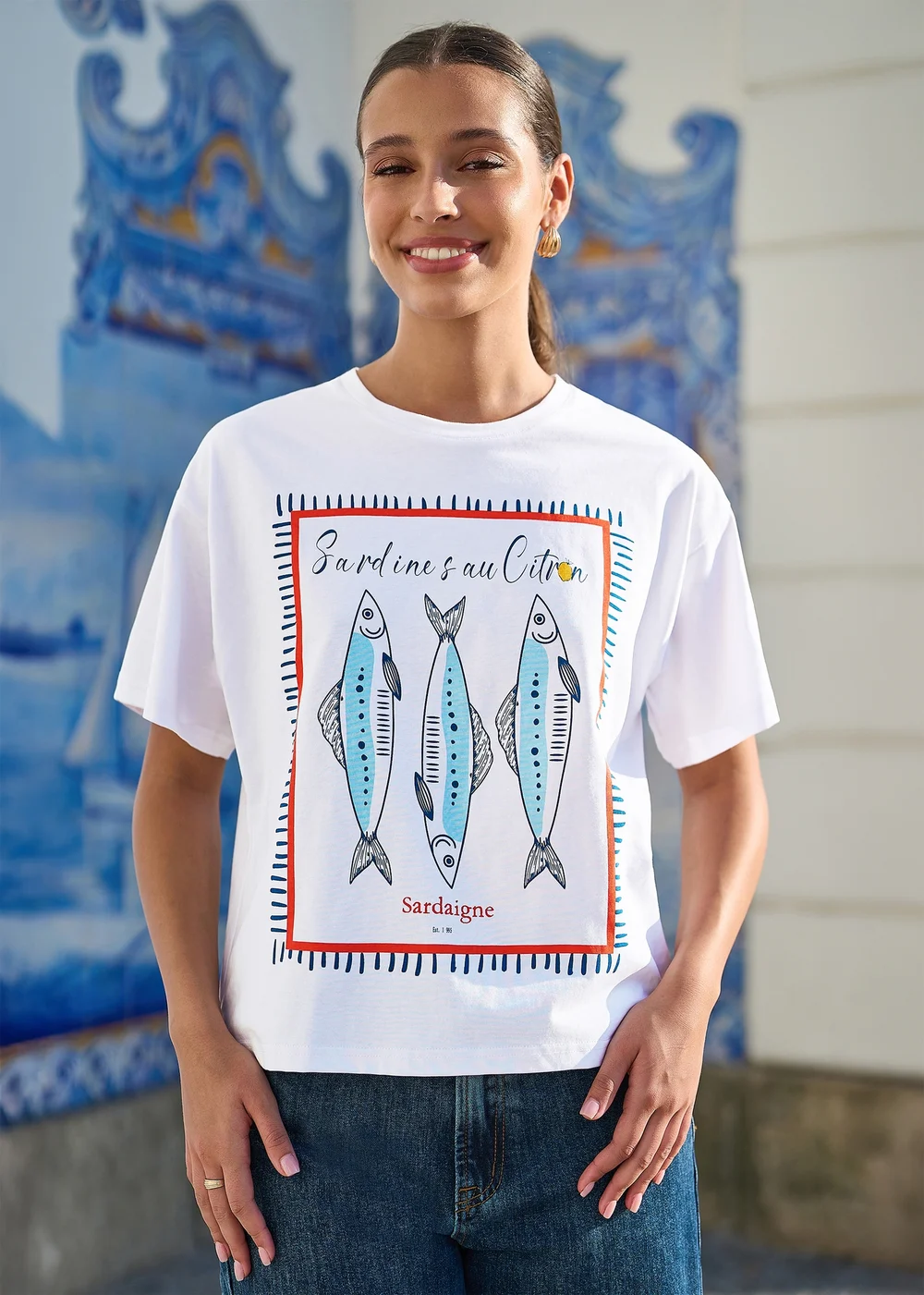 Yumi White Cotton Summer Motif T-Shirt - M Image 1