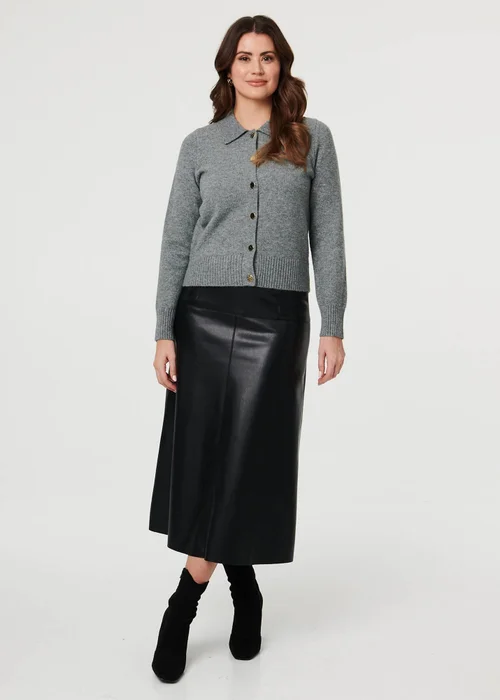 Izabel London Grey Textured Button Front Collared Cardigan - 16 Image 3