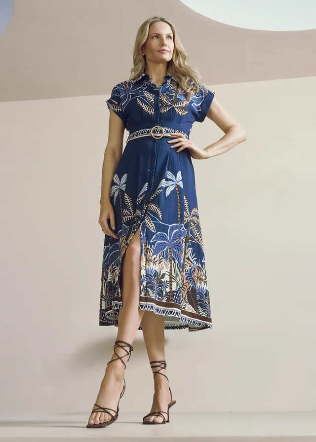 Izabel London Navy Tropical Print Short Sleeve Relaxed Top