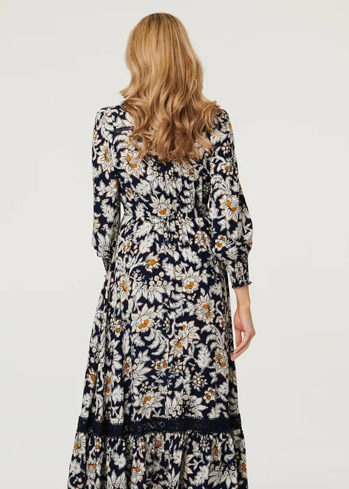 Izabel London Navy Floral Long Sleeve Trim Maxi Dress - 14 Image 3