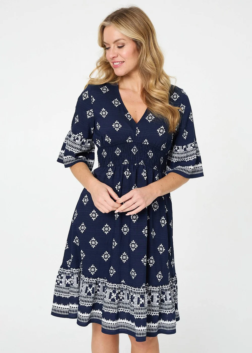 Izabel London Navy Border Print V-Neck Knee Length Dress - 18 Image 3