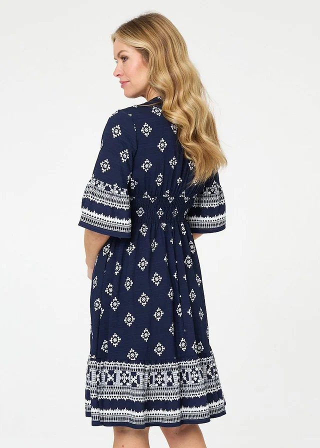 Izabel London Navy Border Print V-Neck Knee Length Dress