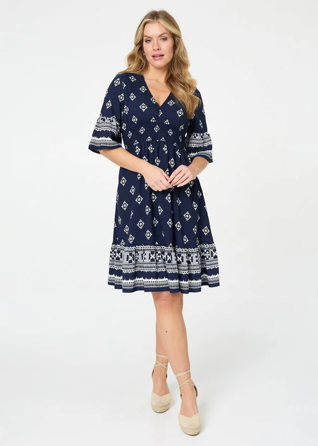 Izabel London Navy Border Print V-Neck Knee Length Dress