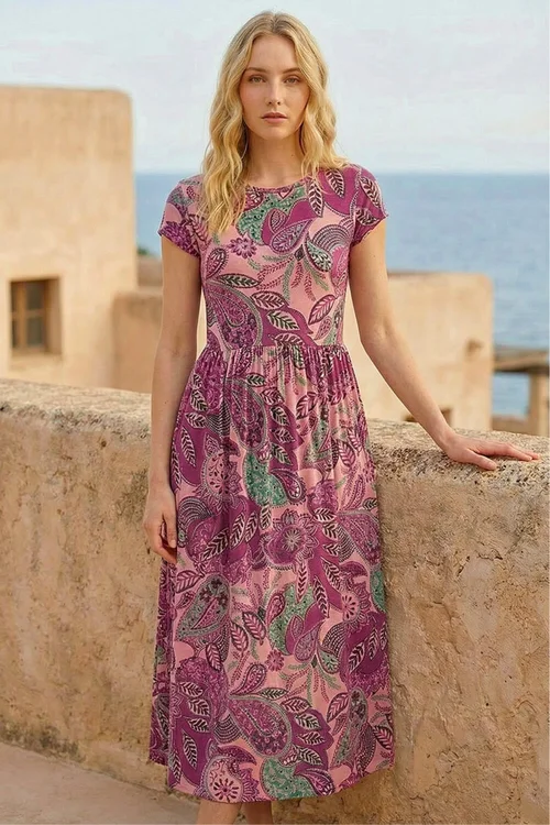 Roman Magenta Paisley Print Short Sleeve Midi Dress - 20 Image 3