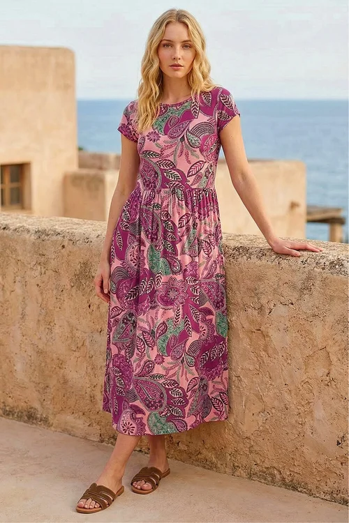 Roman Magenta Paisley Print Short Sleeve Midi Dress - 20 Image 1