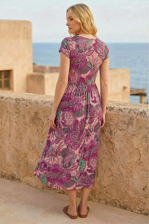 Roman Magenta Paisley Print Short Sleeve Midi Dress - 20 Image 2
