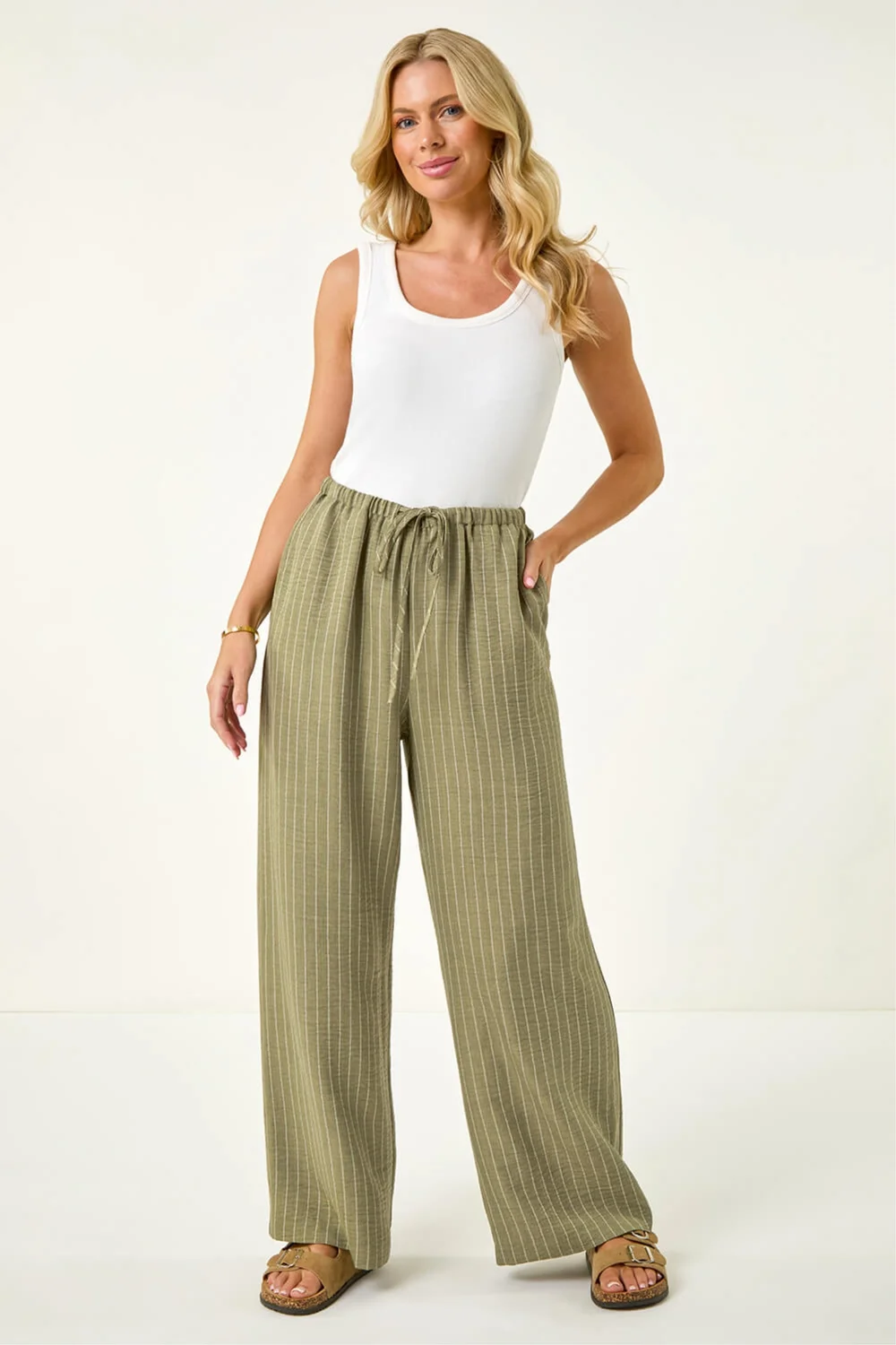 Roman Khaki Petite Stripe Pull On Stretch Trouser - 14 Image 2