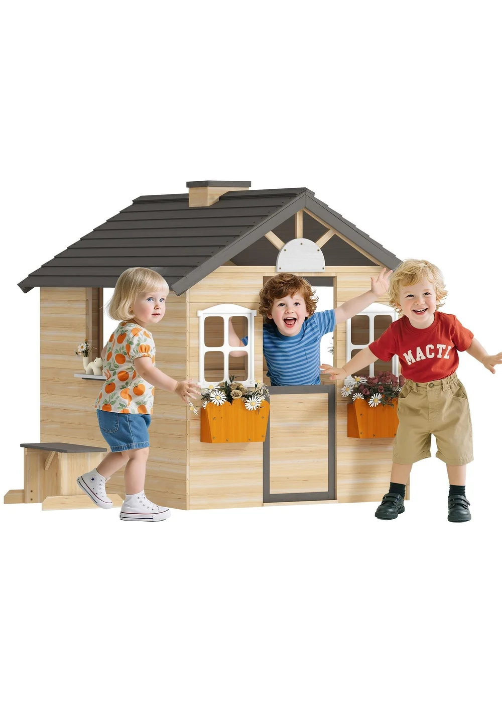 Outsunny Brown Wooden Kids Playhouse With Door, Windows, Bench, For Ages 3-7 Years - One Size Image 2