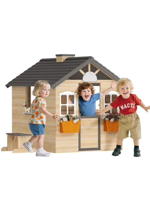 Outsunny Brown Wooden Kids Playhouse With Door, Windows, Bench, For Ages 3-7 Years - One Size Image 2