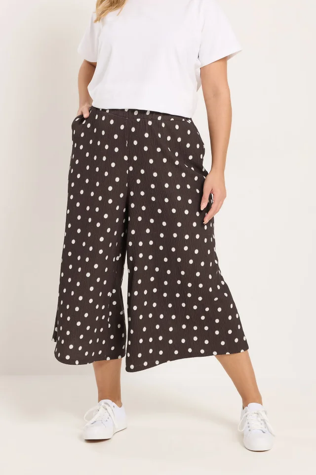 Yours Curve Chocolate Brown Polka Dot Textured Culottes