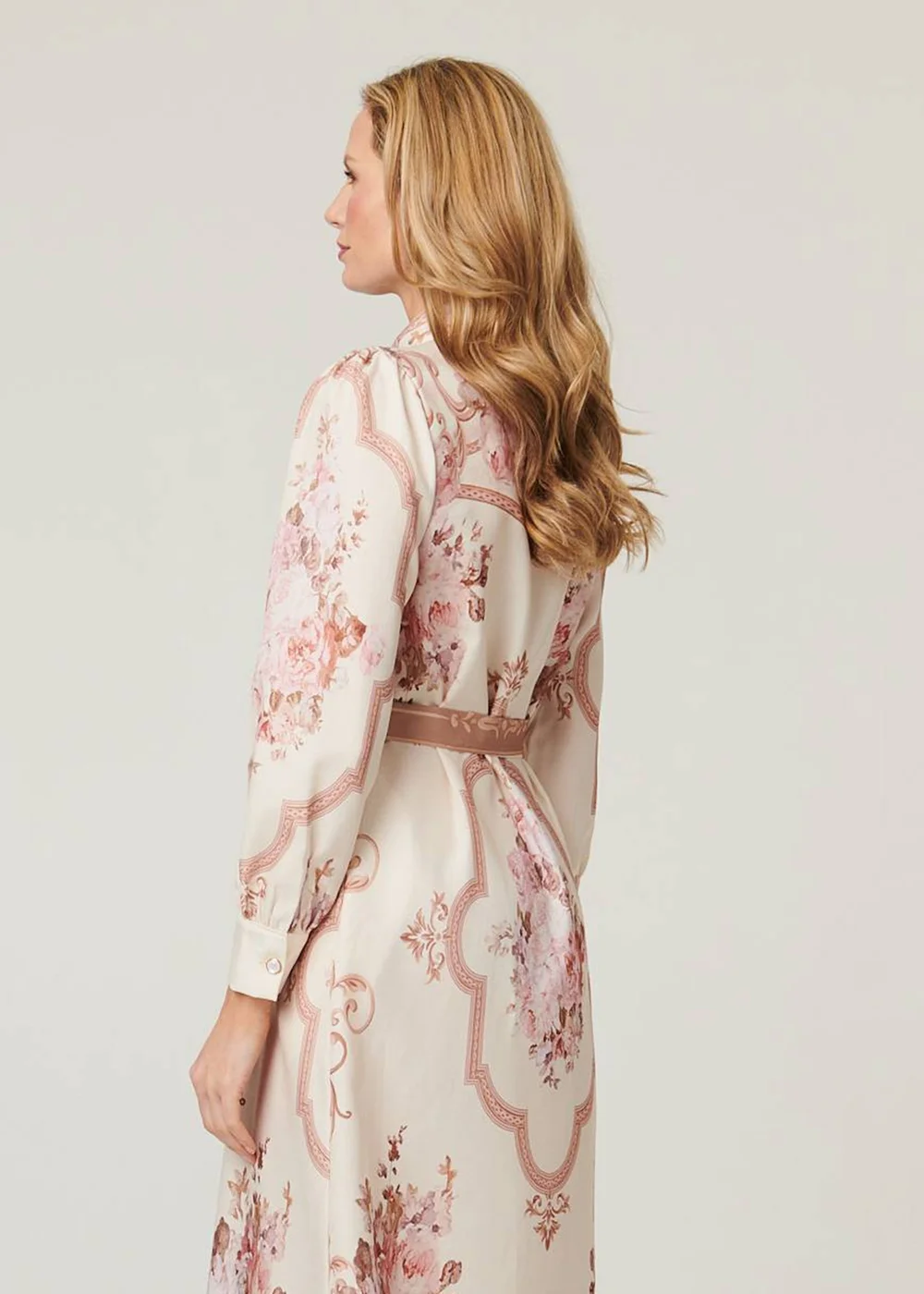 Izabel London Beige Floral Long Sleeve Tie Waist Midi Dress - 14 Image 2