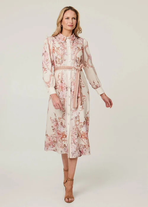 Izabel London Beige Floral Long Sleeve Tie Waist Midi Dress - 14 Image 1