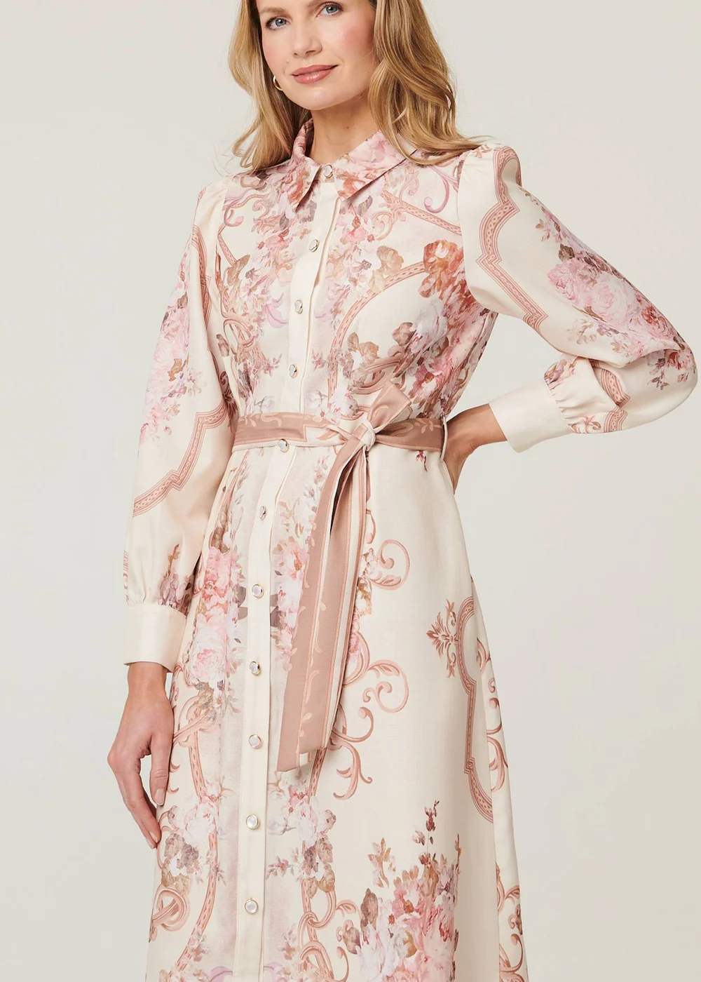 Izabel London Beige Floral Long Sleeve Tie Waist Midi Dress - 14 Image 4