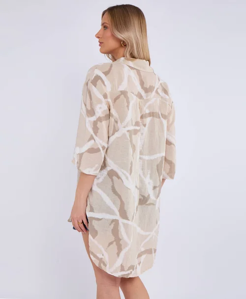 Gini London Beige Linen Abstract Print Mini Shirt Dress - S/M Image 2