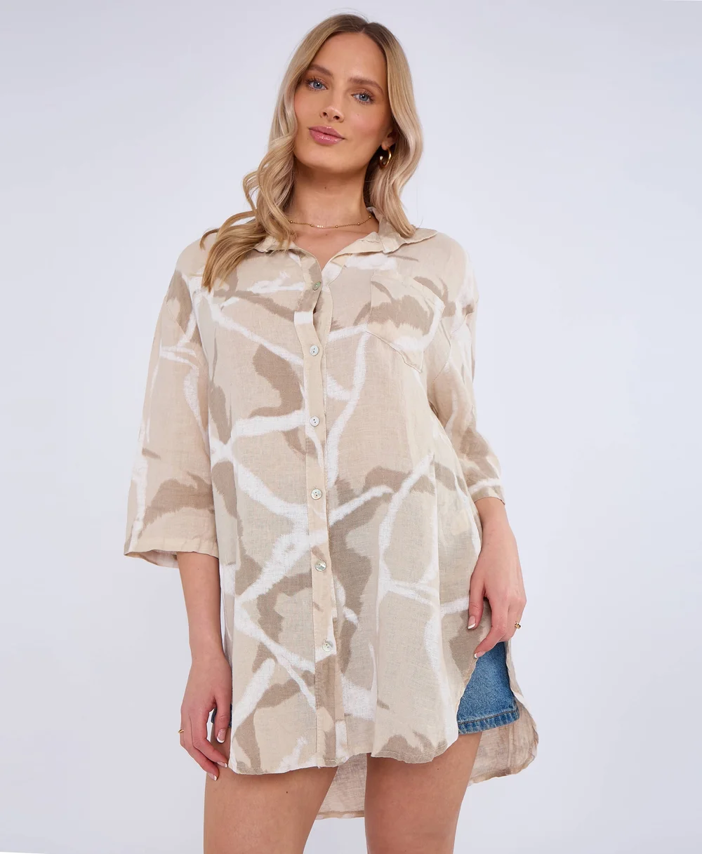 Gini London Beige Linen Abstract Print Mini Shirt Dress - S/M Image 3