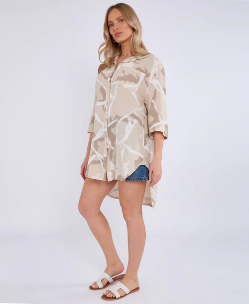 Gini London Beige Linen Abstract Print Mini Shirt Dress - S/M Image 4