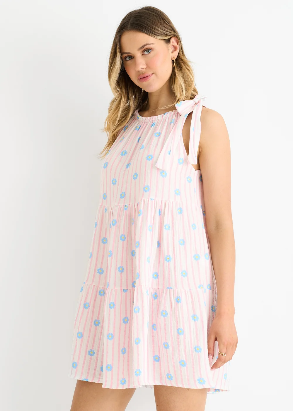 Gini London Pink Floral Stripe Cotton Tie Summer Mini Dress - M/L Image 4