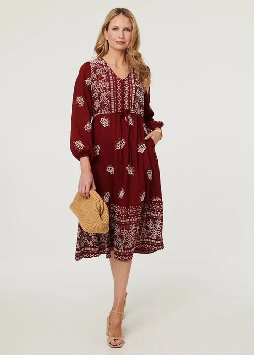 Izabel London Red Embroidered Long Sleeve Midi Dress - 8 Image 1