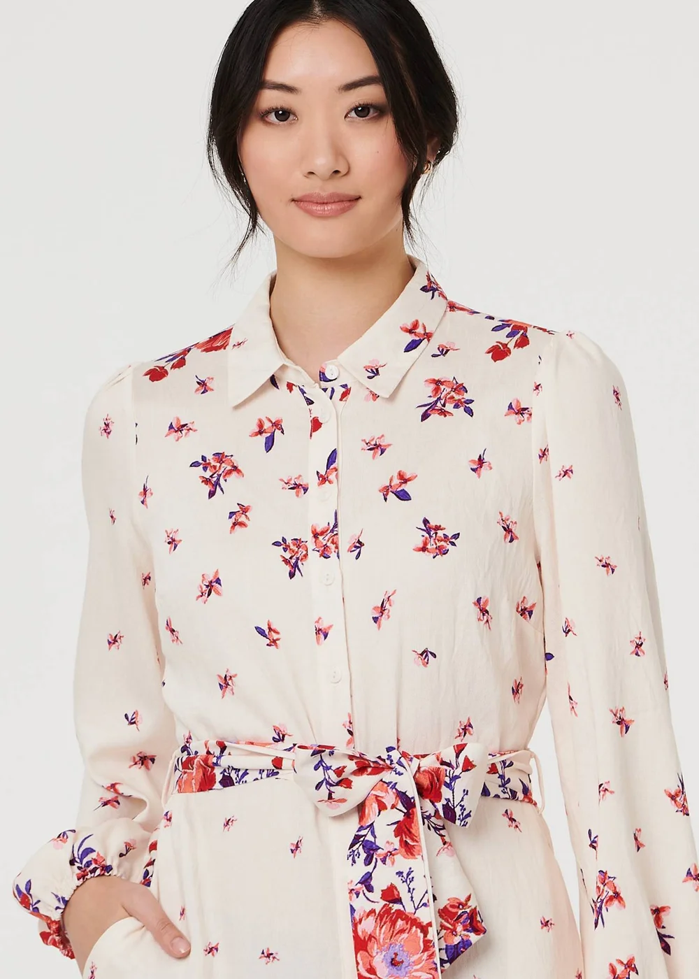 Izabel London Pink Floral Border Tie Waist Midi Shirt Dress - 14 Image 3