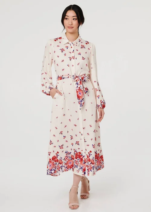 Izabel London Pink Floral Border Tie Waist Midi Shirt Dress - 14 Image 1