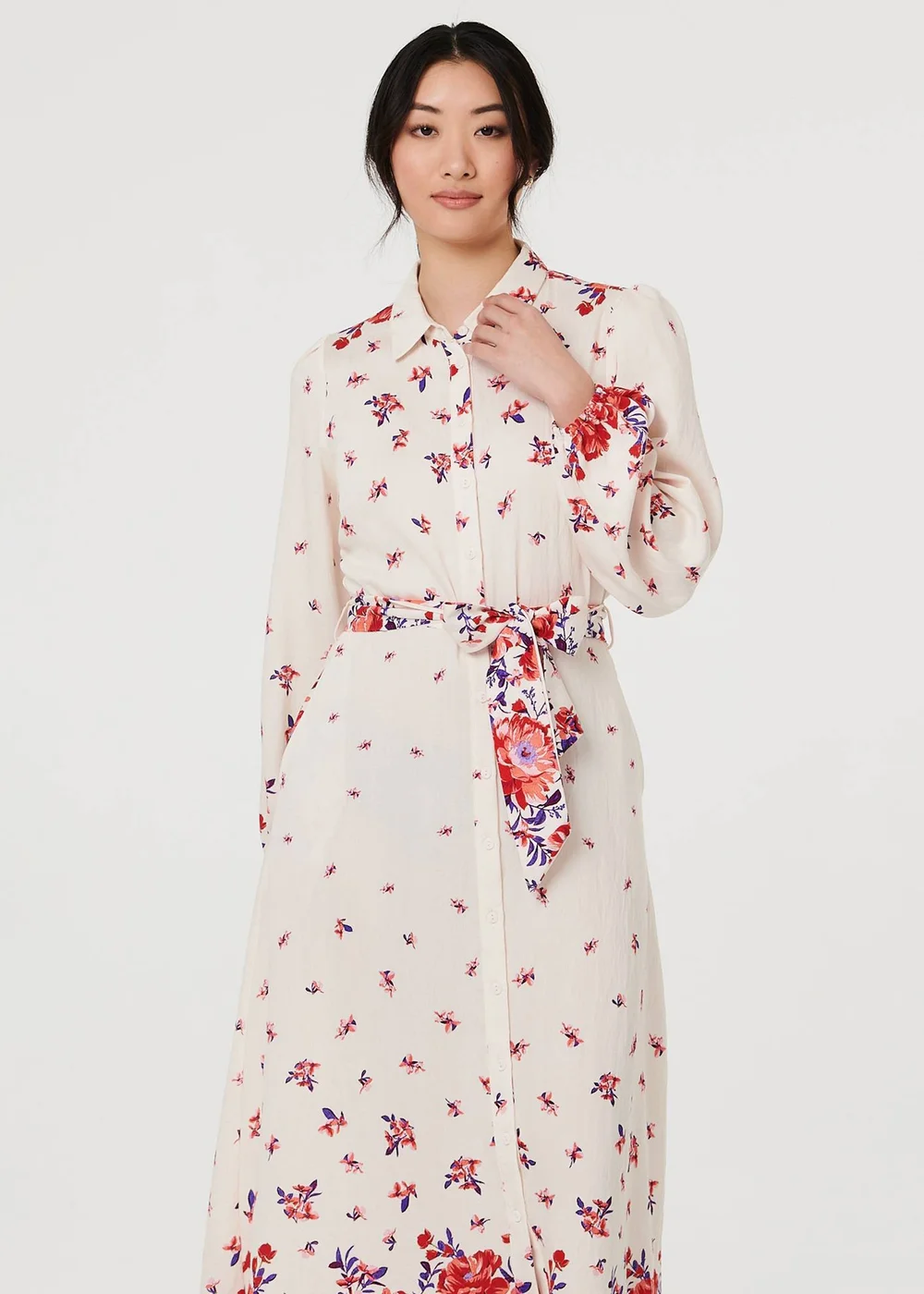 Izabel London Pink Floral Border Tie Waist Midi Shirt Dress - 14 Image 4