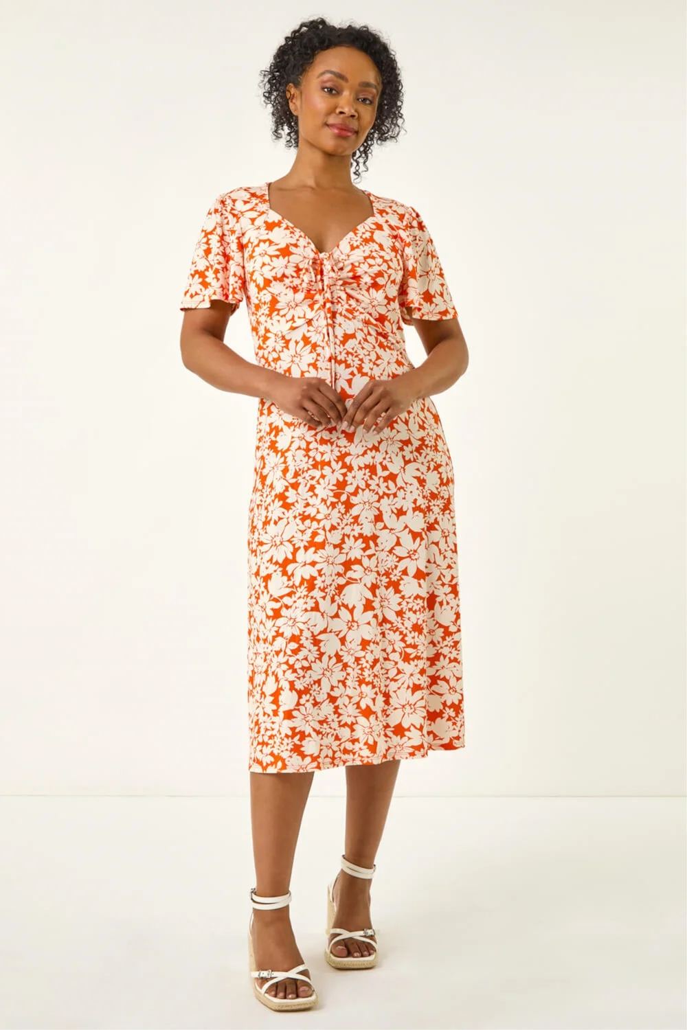 Roman Orange Petite Floral Ruched Midi Dress - 18 Image 2